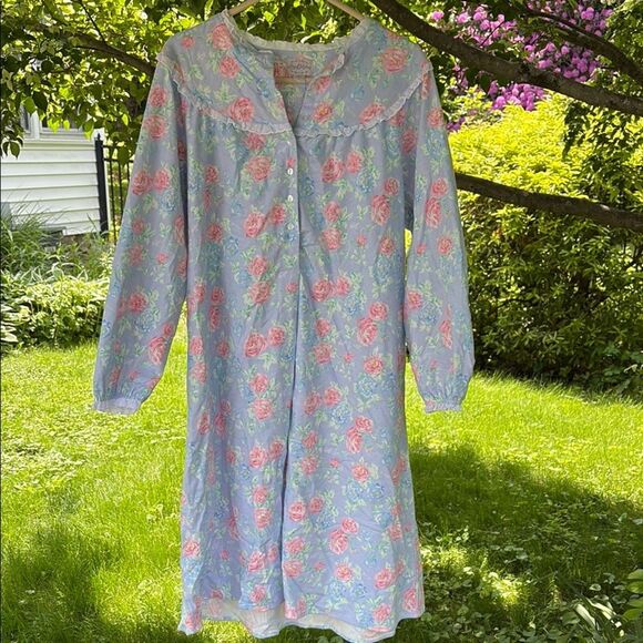 Lanz Floral Flannel Nightgown with Pink Roses S - Picture 1 of 4